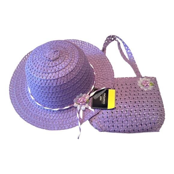 Girls Sun Hat And Purse Purple Woven Straw With Spring Flower Details Dress Up - Picture 2 of 7